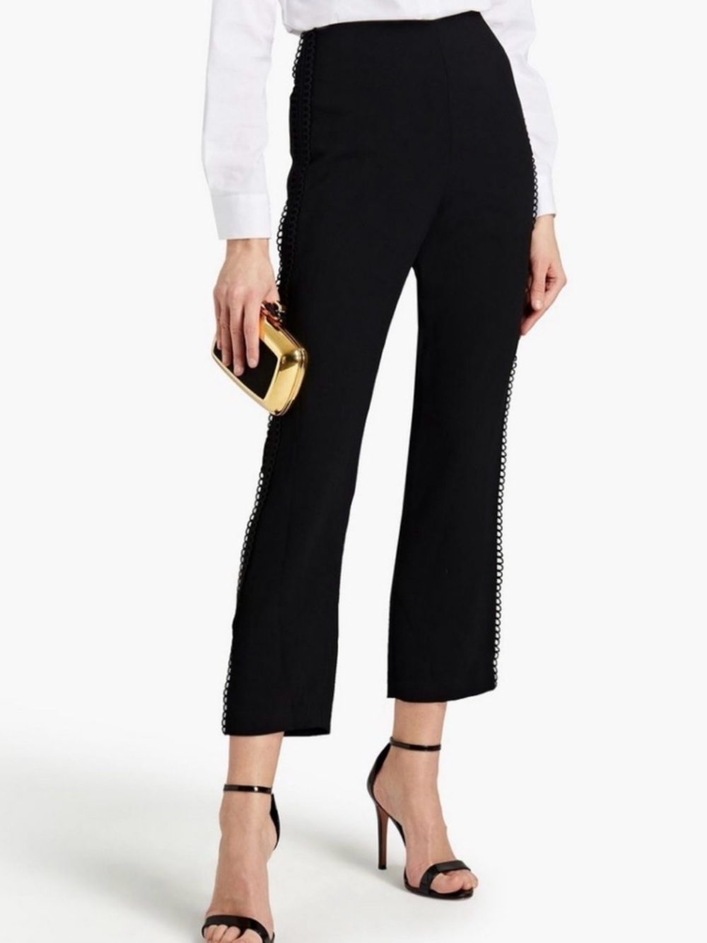 NWT Monique Lhuillier Guipure Lace trimmed Crepe Slim Leg High Rise Pant 12 - Picture 2 of 8
